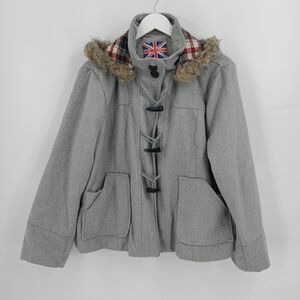 womans miss London Grey Faux Fur Trimmed Union Jack Hooded Jacket plus Size 3X